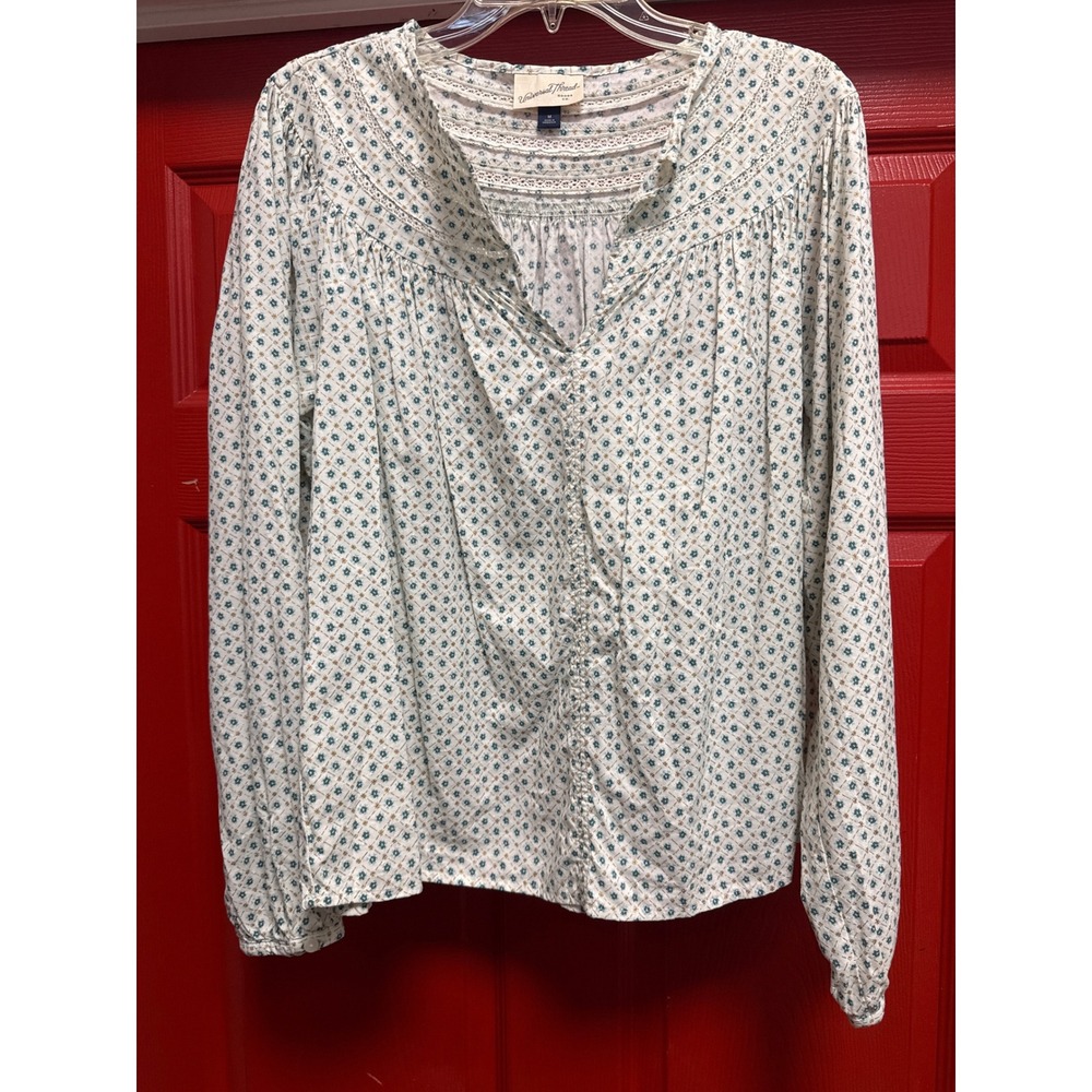 Universal Thread Floral Lace Trim Peasant Blouse White Blue Orange Medium
